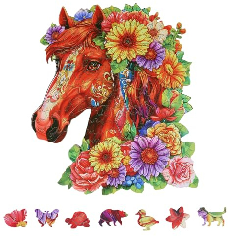GLOBLELAND 200Pcs Horse and Flowers Wooden Jigsaw Puzzles for Adults 33.6x27.9cm/13.22x10.98inch Colorful Unique Shaped Wood Puzzles for Family Anniversary Birthday Gifts