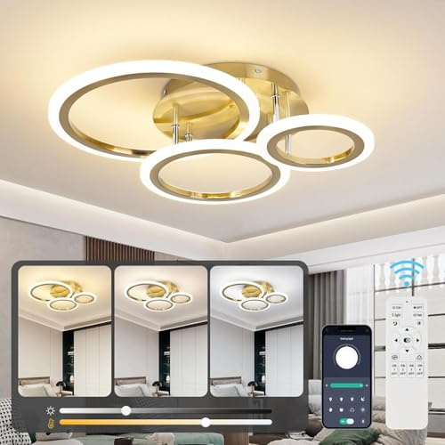 EIDISUNY LED-taklampa, dimbar, 35 W, 58 cm, taklampa, guld, modern, vardagsrum, sovrum, kontor, kök, matsal, belysning inomhus med fjärrkontroll, 3 000 – 6 500 K, 3 ringar, cirkel