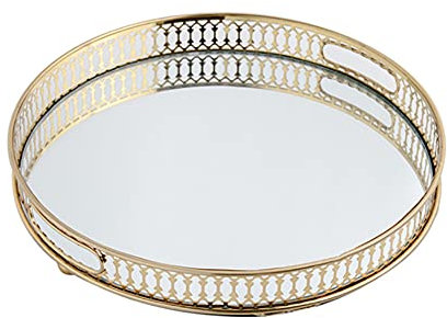Vintage Glas dekoratives Spiegeltablett, Spiegel Tablett Metall Tablett Kosmetik Make-up Schmuckstück Organizer für Kommode, Bad und Schlafzimmer Gold (Rund)