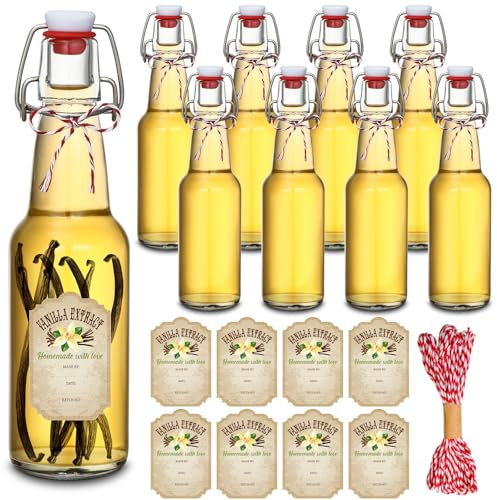 Uiifan Bügelverschluss-Glasflaschen für Vanilleextrakt, hausgemachte Bierflaschen mit Klappverschluss, Baumwollschnüre und Etiketten für Zuhause, Bier, Kombucha, Limonade, Gärversorgung (transparent,