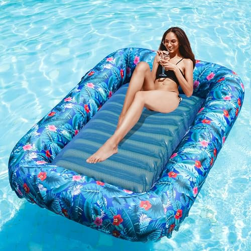 FindUWill Inflatable Tanning Pool Lounger Float - Large Fabric-Covered Pool Lounger, Sunbathing Pool Lounger, Pool Floats Adult for Summer Water Fun (Blue)