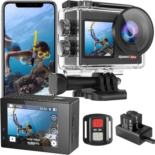 Speed 20 Action Cam 4K60FPS 40MP WiFi Unterwasserkamera 40M Wasserdicht Ultra HD Touchscreen Actioncam 170° Ultra-Weitwinkel, EIS Stabilisierung, 5X Zoom, 2.4G Fernbedienung und 2 Akkus 1350mAh