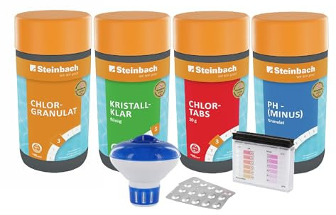 STEINBACH | Wasserpflege Set Classic I Pool Chlor Starterset für Einsteiger I Mini-Multitabs, Kristallklar, Dosierschwimmer, Testkit, pH-Senker & Chlorgranulat | Pool-Zubehör-Set für Anfänger