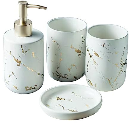Lot de 4 accessoires de salle de bain - Bouteille de lotion - Porte-savon - Porte-brosse à dents - Multifonction - Fournitures ménagères