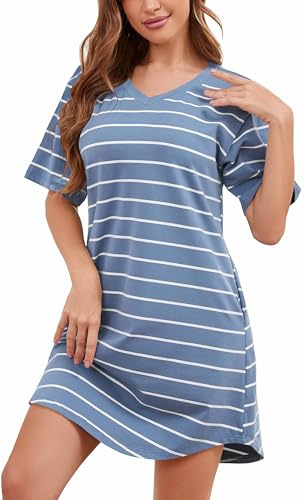 WUWUSKY Nachthemd Damen Kurzarm Schlafshirt aus 95% Baumwolle | Streifen Schlafshirt Negligée mit 2 Taschen | V-Ausschnitt Bequeme Nachtwäsche Women's Nightgown,Light Blue,3XL