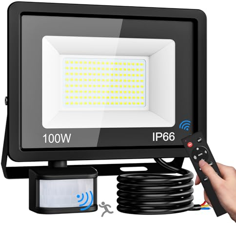 vighep Security Lights Outdoor Motion Sensor, 100W Led Pir Floodlight with Remote Control, 6500K Cold White IP66 Waterproof Outside Wall Light Mains Powered for Garage Backyard Garden Doorway