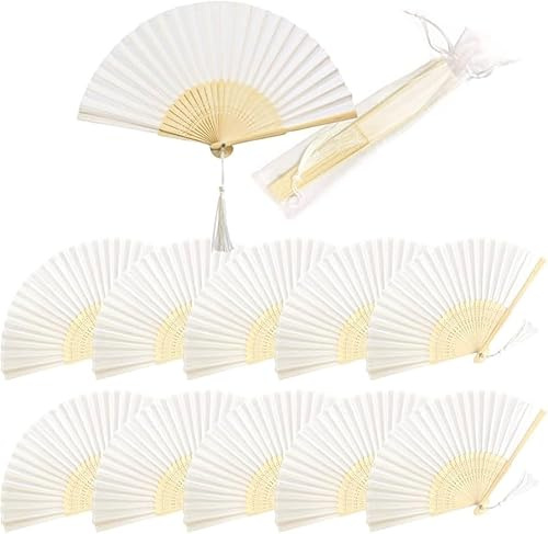 Yulun 24pcs Wedding Hand Fan Foldable - Paper Fans Handheld with Organza Bags, Bamboo Handle Fan for Church Wedding, Hen Party, DIY Wall Decor (White)