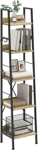 YITAHOME Bibliothèque étroite à 5 Niveaux de 35 cm de Large, échelle Industrielle, sur Pied, étagères en Bois et Cadre en métal, étagère Moderne pour Salon, Couleur chêne