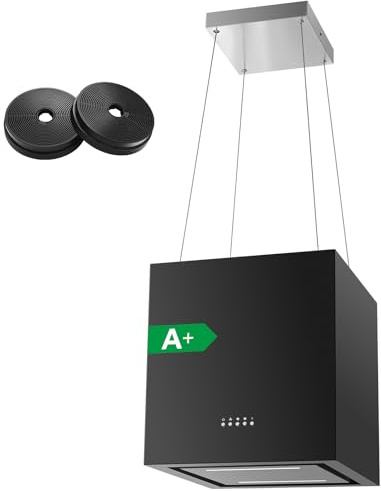 SNDOAS Hotte Aspirante îlot, Hotte Ilot Centrale 40cm, 800m³/h Hotte Suspendue,Hotte Aspirante avec 2 Filtres à Charbon,3 Vitesses+Fonction Boost, Arrêt Retardé (5 minutes),Éclairage LED,Noire