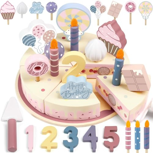 Dinette Cuisine Enfant,Gâteaux en Bois,Cuisine Jeux Accessoire Aliment Nourriture,Jouet Éducatif Éveil Montessori,Jouet Gâteaux Anniversaire Pâtisserie Jouet en Bois pour Garçon Fille Bébé 3 4 5 Ans