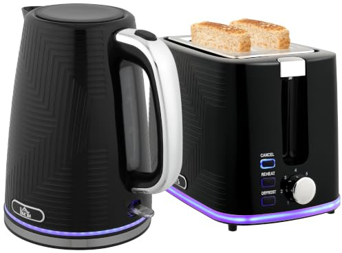 HOMCOM Wasserkocher Toaster Set 1,7L 2200W Edelstahl-Innenraum Schwarz | Otter-Thermostat, Kalkfilter, Frühstücksset, 2 Scheiben Toaster, Leuchte, 7 Bräunungsstufen, Auftauen, Aufwärmen