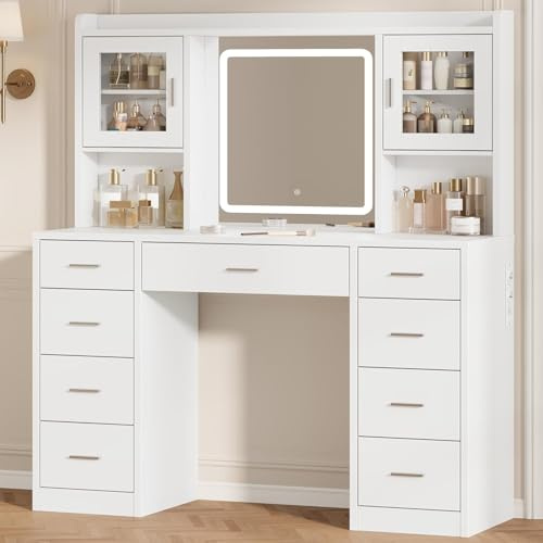Kotascoy Tocador de Maquillaje con Luz,Tocador Grande con 9 Cajones,Blanco