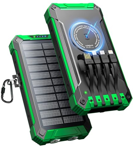 Power Bank Solar 26800mAh con 4 Cables, Batería Externa Cargador Solar Inalámbrico USB-C 15W Carga Rápida 6 Salidas 3 Entradas para Teléfono, Cargador Solar con Linterna, Mosquetón