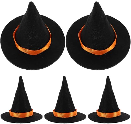 DEARMAMY 5 Stück Kleiner Miniatur Hexenhüte aus Filz Schwarze Halloween Partyhüte zum Basteln Dekoration für Puppenhaus und Weinflaschen