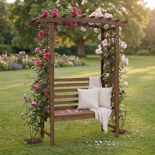 Mendler HWC-Q21 - Arco de rosas con banco (madera, 201 x 160 x 60 cm), color marrón oscuro