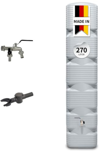 4rain Quadro Regentonne Wandtank Komplett-Set 270 Liter betongrau | inkl. Chrom-Doppelauslaufhahn und Fallrohranschluss, Regenwassernutzung, robustes Material, praktische Lösung