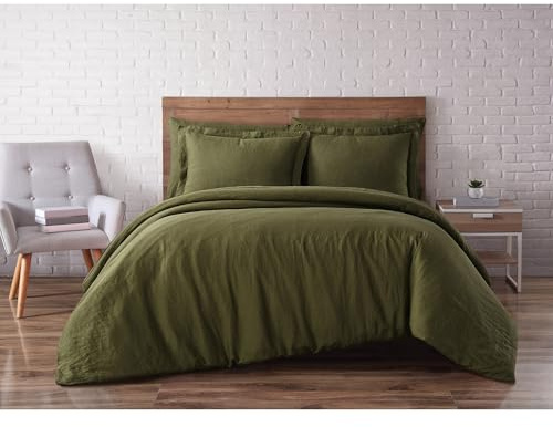 Brooklyn Loom Linen Duvets Olive Green Linen 3-Piece Full/Queen Duvet Set, Solid Color Themed, for Men and Women, Oeko-TEX Certified Confidence