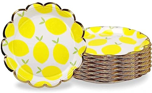 MaitianGuyou Platos de papel desechables dorados – 40 platos de papel, suministros de fiesta para aperitivos, almuerzo, cena y postre (9 pulgadas, limón)