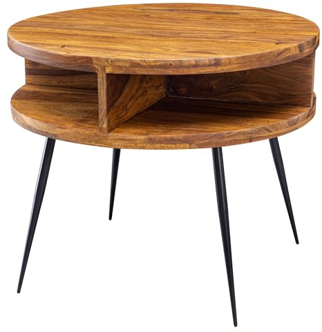 FineBuy Couchtisch Rund 60 cm Sheesham Massivholz mit offener Ablage | Wohnzimmertisch mit schwarzen Metallbeinen, Sofatisch aus Echtholz, handgefertigt, jedes Stück ein Unikat