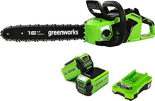 Greenworks GD40CS18K2X Cordless Chainsaw with Brushless Motor, 40cm Bar Length, 20m/s Chain Speed, 3.81kg, Auto-Oiler, Kickback Protection, Two of 40V 2Ah Batteries & Charger