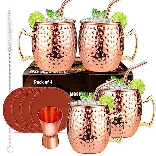 LIVEHITOP Set 4 Tazze Rame Moscow Mule, 19.5 Oz Rame Tazza con 4 Sottobicchieri, 4 Cannucce, Jigger e Spazzola Paglia, Regalo per Lui e per Lei per Casa, Bar, Feste