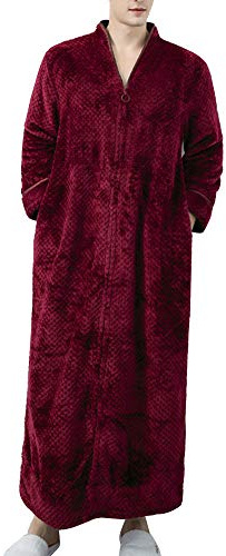 YOUCAI Damen/Herren Zip Up extra Lange Bade-Mantel Flauschig Morgenmantel aus kuschelig warmen und weichen Fleece Waffel mit Reißverschluss Weinrote Männer XL
