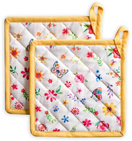 Maison d' Hermine Pot Holders 100% Cotton Potholders (20 x20 cm, Pack of 2) | Heat Resistant Hot Pads with Loop BBQ Baking Farmhouse Kitchen Handling Hot Pans Spring Summer - Happy Florals - Sweety