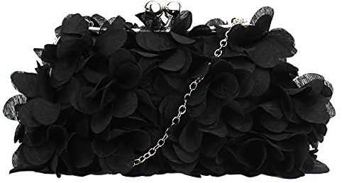 MEGAUK Damen Elegante Handtasche Blumen Clutch Seide Abendtasche Henkeltasche Crossbody Bag mit Kette Kisslock Design, Schwarz