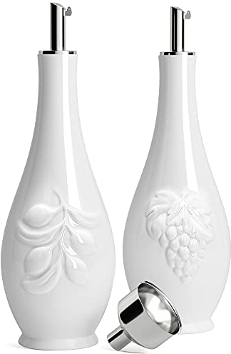 HOMBENE Porcelain Oil and Vinegar Dispenser Set, 11 oz Olive Oil Dispenser Bottle for Kitchen, Ceramic Cooking Oil Container, Oil Cruet w/Funnel, Dripless Spout, 300ml, 2 Pack