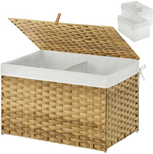 GREENSTELL Storage Basket with Lid, 27.7 Gallon(105L) Lagre Wicker Blanket Storage Basket with Handles, Foldable, 2 Removable Liner Bags, Metal Frame, for Bedroom, Laundry Room, Natural