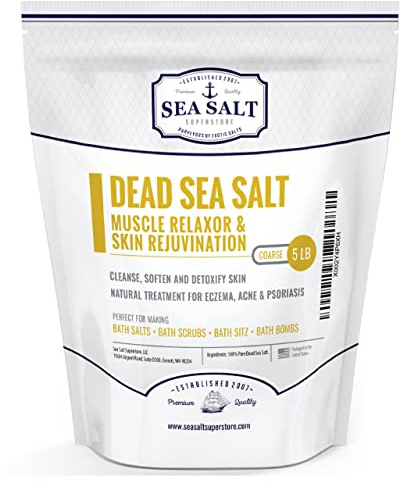 Sea Salt Superstore Natural Dead Sea Salt for Soaking - Coarse Grain Mineral Bath Salts from Israel Supporting Muscle Relaxation & Skin Rejuvenation - Home Spa Essentials - (5lb Bag)