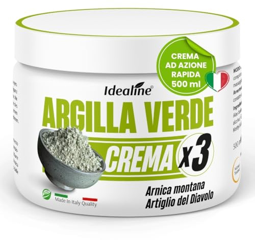 Idealine Argilla Verde Ventilata Antinfiammatoria 500ml, Crema Massaggio, Arnica e Artiglio del Diavolo per Tensioni Muscolari, Affaticamento e Mobilità Articolare