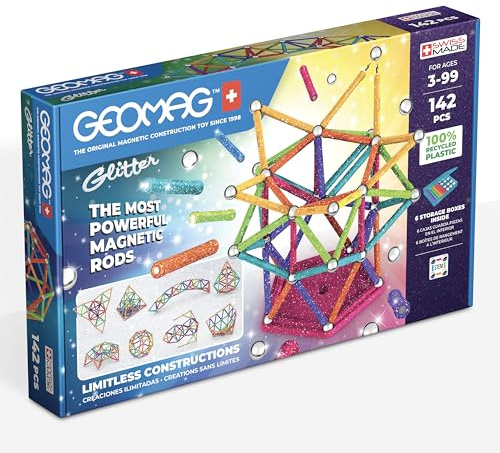 Geomag, Glitter Recycled, Glitzereffekt-Magnetkonstruktionen, Glitzer und Bunte Magnetstäbe, 142 Stück, 100% recycelter Kunststoff