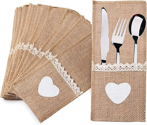 Dimoxii 40 Stück Bestecktaschen Jute Besteckbeutel Besteckhalter Sackleinen Hochzeit Vintage Deko für Party Hochzeit