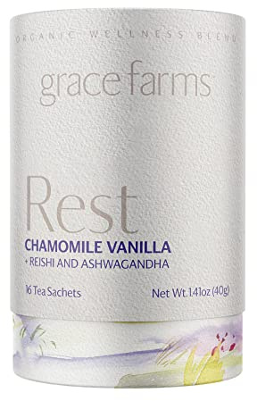 Grace Farms REST Wellness Organic Tea Blend (16 Pyramid Sachets) | Sleep and Stress Support For Evening | Chamomile Vanilla Tea with Adaptogenic Herbs and Mushrooms | Fairtrade and Kosher