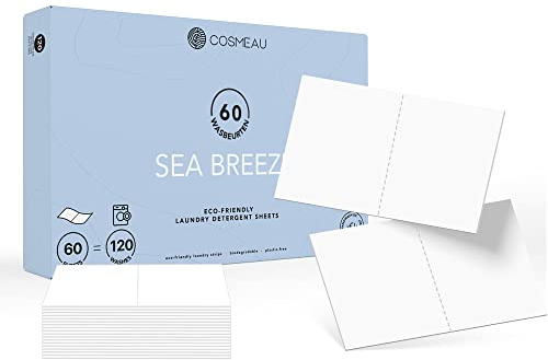 Cosmeau Hojas de Detergente para Ropa Lavadora - Brisa Marina - Hasta 60 Lavados (60 Hojas) - Para Blancos, Colores y Negros - Libre de Plástico, Biodegradable y Detergente de Viaje Perfecto