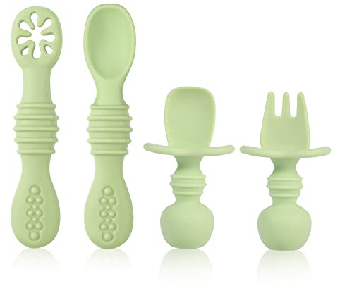 4 Piezas Cuchara Silicona Bebé 6 Meses & Más de 6 Meses, Sin BPA Cucharas de Aprendizaje para Bebés Cuchara de Entrenamiento Utensilios para Niños Comer para Bebés de 6 a 12 Meses (Verde Matcha)