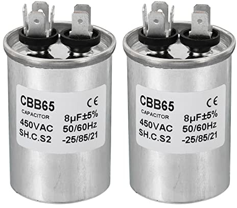 PATIKIL 2 Stück CBB65 Kondensator, 8µF 450V Anlaufkondensator Motorkondensator Aluminiumgehäuse Arbeitskondensator mit 2 Stifte für Klimagerät Waschmaschine Kühlung Wärmepumpe Verflüssiger