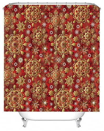 Badevorhang Rot, Badvorhänger Golden Blumenmuster Duschvorhang 150x200 Shower Curtains Polyester Bad Vorhang Badezimmer Dekoration