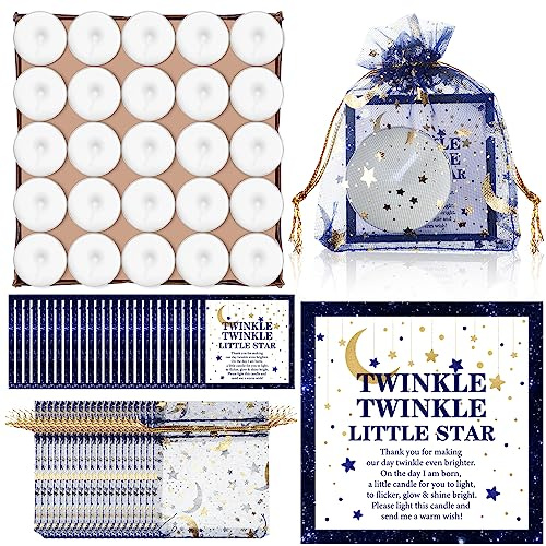 50 Sets Twinkle Twinkle Baby Shower Candle Favors 50 Pcs Tealight Candles for Guests with 50 Moon Star Organza Bags and 50 Little Star Thank You Tags for Gender Reveal(Dark Blue)