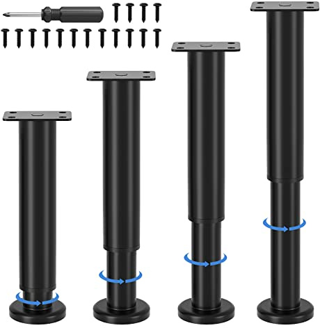 VETIN Lot de 4 Pieds de Meubles (avec Vis) - Hauteur Réglable 18-30 cm, Pieds de Support en Métal Noir, Compatibles avec Chaises, Lits, Canapés, Armoires, Divans, Commodes et Tables