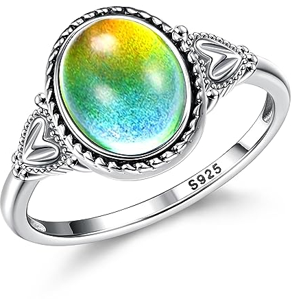 Morfetto 925 Sterling Silber Stimmungsringe für Frauen Vintage Handgemachte viktorianische Ringe Ovaler Solitaire Ring 18 Karat Weißgold plattiert Farbwechsel Stimmungsringe Damenschmuck Mood-9
