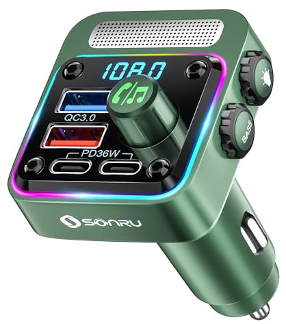 Bluetooth 5.3 FM Transmitter Car Adapter - SONRU Car Charger 54W [PD 36W & QC3.0 18W], Wireless FM Radio Transmitter [HiFi Treble & Bass Player], 5 Colors LED Backlit, Hands-Free Calling, U-Disk