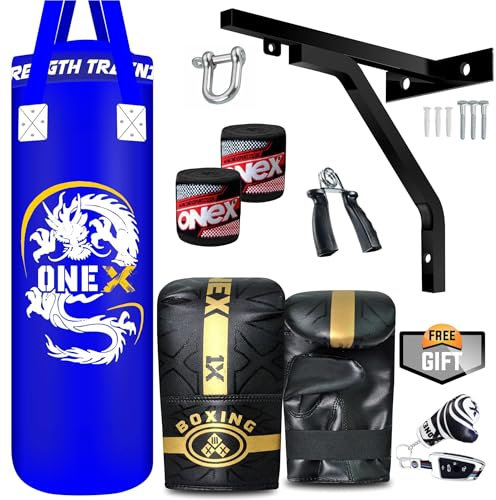 ONEX 3ft Punch Bag Set Heavy Filled Boxing Training Punching Gloves Fighting Hanging 13pcs Bracket set (Blue)