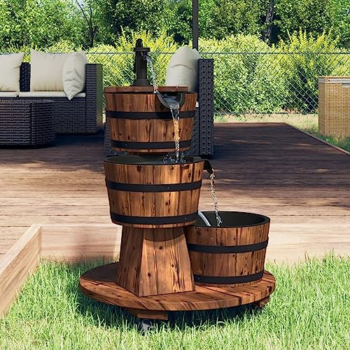 ARKEM Statua da Giardino Fontana Acqua con Pompa e Ruote per Famiglie, Giardino a Cascata autoportante in Resina, Decorazione Fontana,Fontana Acqua con Pompa e Ruote 55x55x80cm Legno Massello Abete