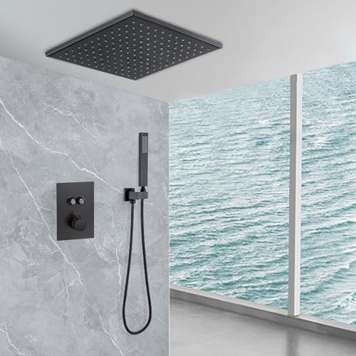 XJTNLB Robinet Douche Encastré Noir Mitigeur Thermostatique 2 Sorties pour Colonne de Douche Pommeau de Douche Carré en Laiton,12 in-B