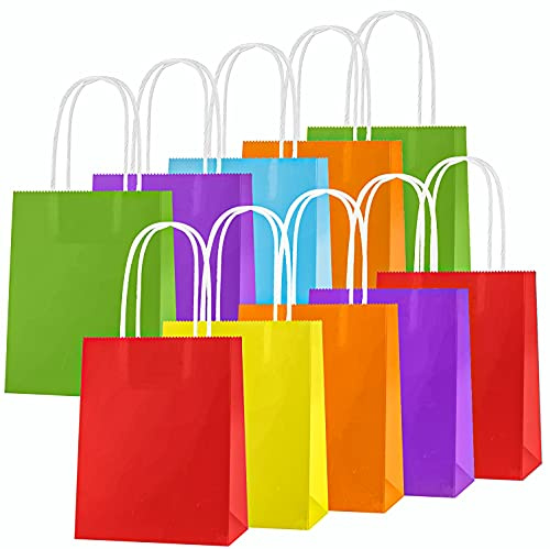 OWill Lot de 10 Sac Cadeau Colorés 21x15x8cm,Sac Kraft avec Poignée,pochette cadeau en Kraft pour Anniversaire enfant,Mariage,Baby Shower, Fête, Emballage Cadeau Noël et Anniversaire de Mariage