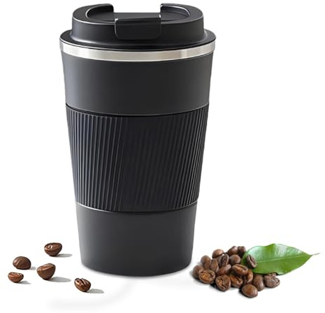 Goodatech Taza de Café Aislada con Tapa - Reutilizable y a Prueba de Derrames, Vasos de Acero Inoxidable al Vacío de Doble Pared, Ideal para Casa y Oficina (Negro,13oz)