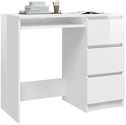 Ailgely Schreibtisch mit Schubladen 90 x 45 x 76 cm, Bürotisch Computertisch Klein Arbeitstisch Büro PC-Tisch Kinderschreibtisch mit Stauraum Hochglanz-Weiß