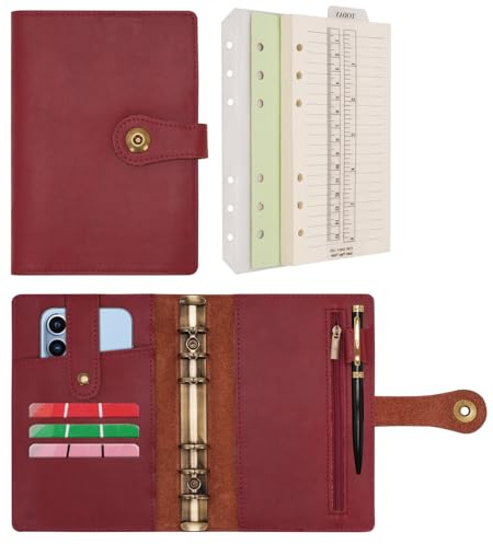 Wonderpool A6 Binder Travel Diary Journal Notebook, College Ruled Paper Refillable, Leather Budget Binder Rings Organizer with Pen for Office School Business Planning Writing (Wine red, A6)